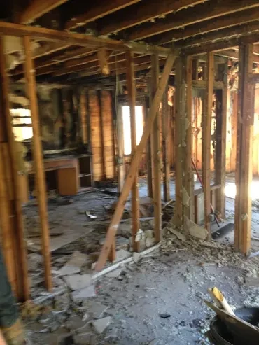 Fire-damaged interior before kitchen restoration